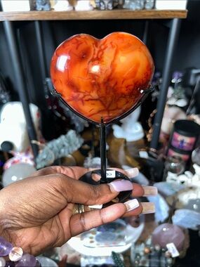 Polished Carnelian Agate Heart Gemstone Sculpture on Metal Stand - PRICE FIRM